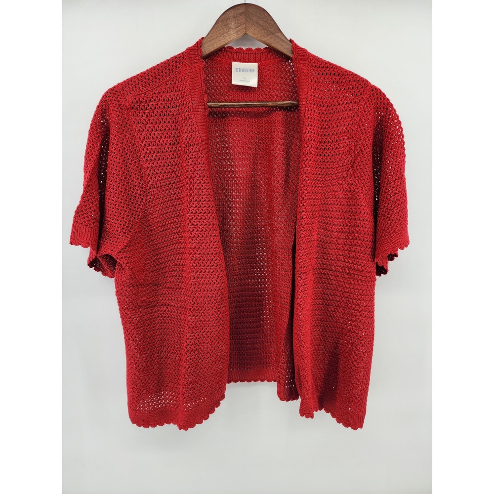 Bedford Fair Red Crochet Knit Short Sleeve Scalloped Open Front Cardigan XL